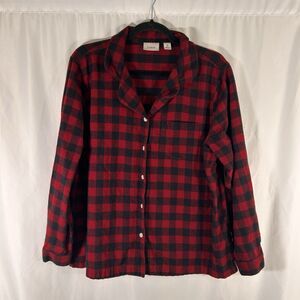 LL Bean Flannel Blouse Women's XL Petite Red Plaid Button Up Long Sleeve Cotton